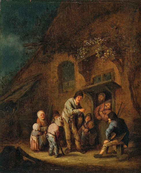 A farmyard with children and peasants listening to a hurdy gurdy player 1638