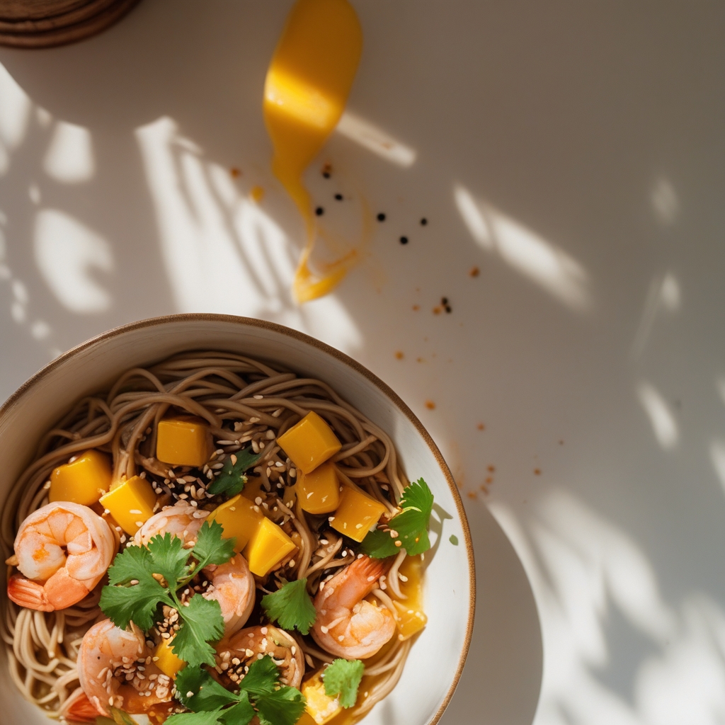 Spicy Mango Peanut Shrimp Soba Noodle Bowl with Edamame