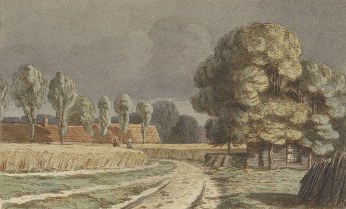 Korenveld tussen huizen onder een dreigende onweerslucht te Hilversum 1853   185