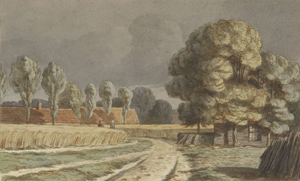 Korenveld tussen huizen onder een dreigende onweerslucht te Hilversum 1853   185