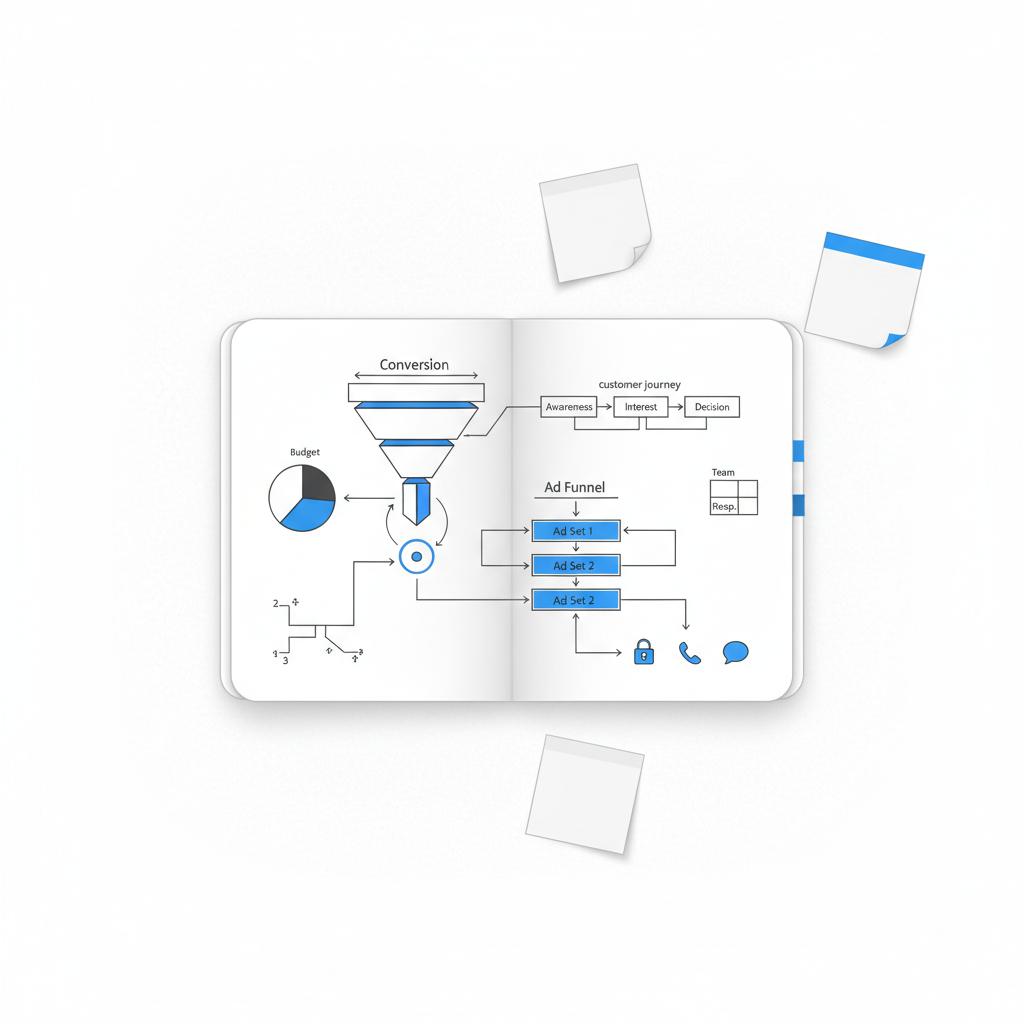Minimal 2D vector overhead workspace with sketchpad showing conversion funnels, trust icons (padlock, phone, testimonial bubble), and sticky notes in Agency Visible colors &mdash; visualize ways to reduce CPA in Facebook ads.