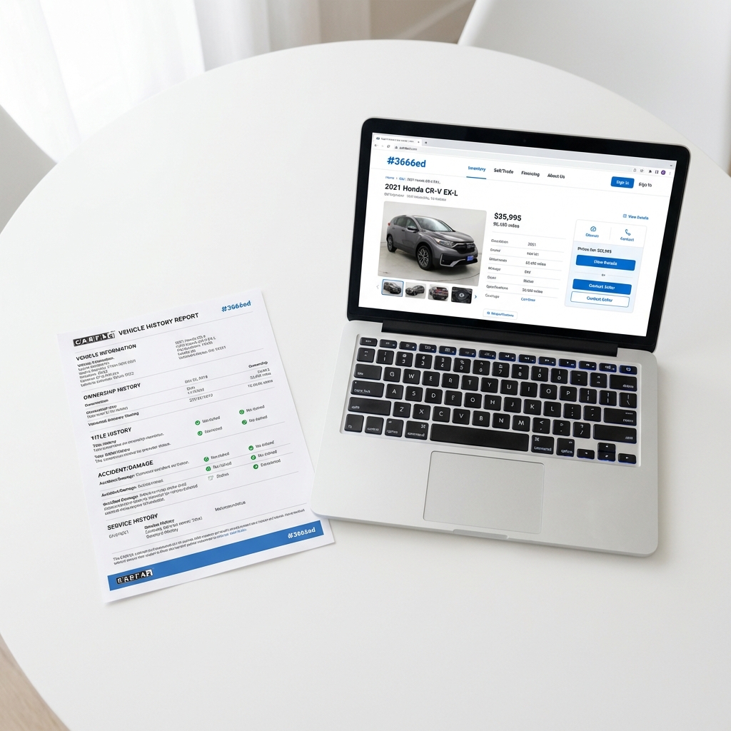 Printed CARFAX vehicle history report next to a laptop showing a used car listing on a clean white table with subtle brand blue accents ideal for best site to buy used cars