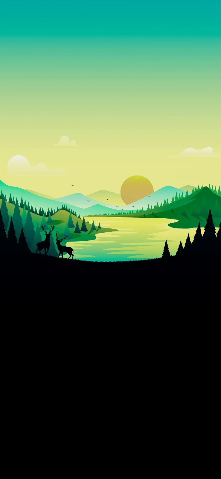 Deers In Sunset Mountain Valley - Vector Illustration 4K iPhone Wallpaper (2408x5217)