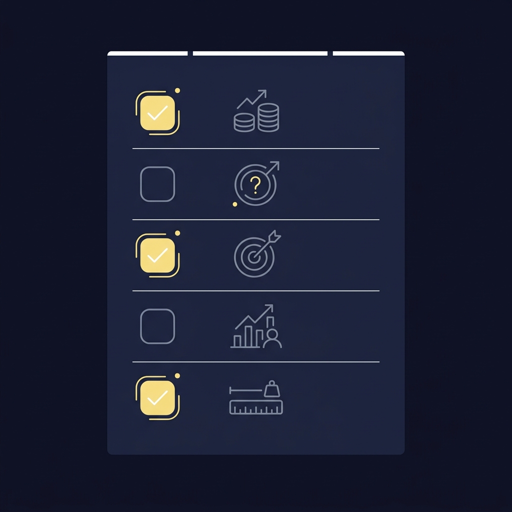 Weekly Review Template for Sports Traders minimalist 2D vector checklist on dark Funded Plays background showing five icon checkboxes for ROI EV strike rate CLV and sizing compliance
