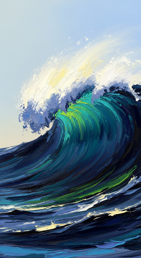 Abstract Impressionist Oil Painting of a Dramatic Ocean Wave Cresting with Vivid Colors