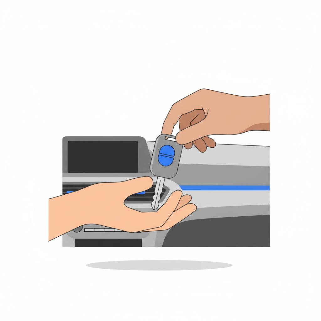 Vector close up of two hands exchanging a car key fob in front of a blurred dashboard conveying a buy here pay here car sale scene