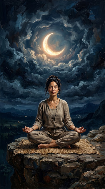 Woman Meditating on Glowing Crescent Moon in Starry Sky - Free mobile Wallpaper