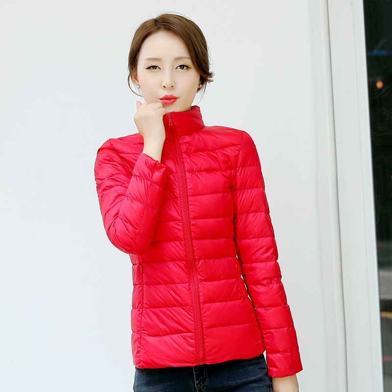 Lightweight women's down jacket with stand-up collar, white duck down