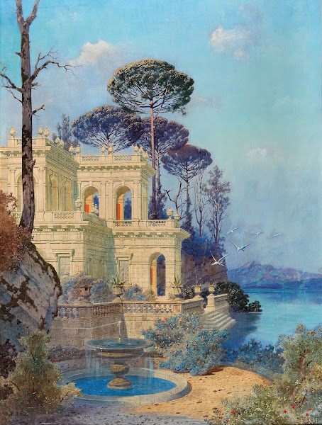 Villa a Fountain by the Lake in the foreground
