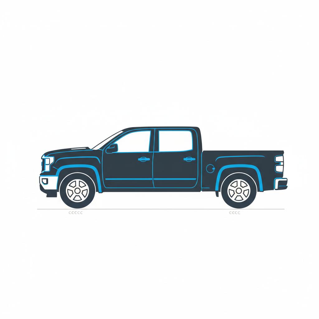 Minimalist 2D vector side profile of a pickup truck depicting chevy silverado 1500 for sale centered on white background with blue 3666ed accents and dark silhouette