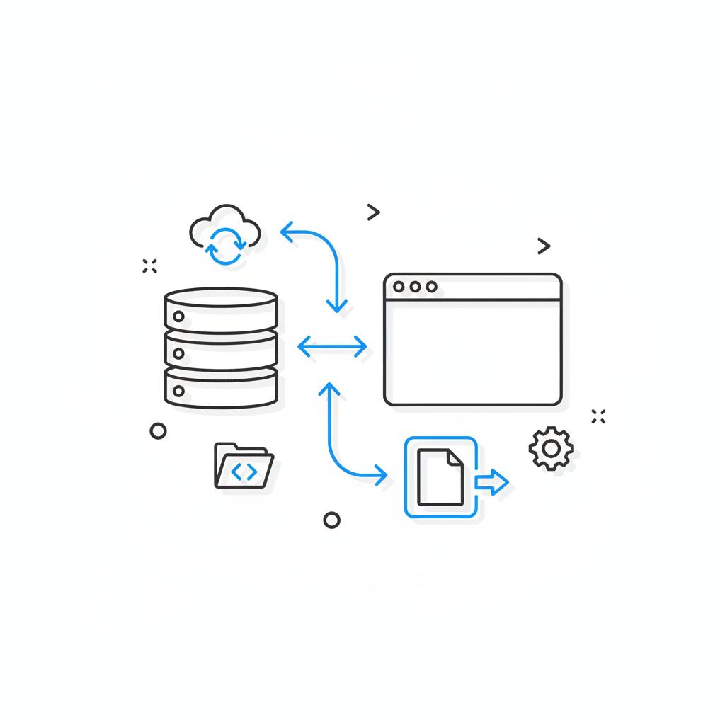 Minimal 2D vector notebook-style sketch showing server and browser icons connected by arrows to a boxed export file, illustrating migration and portability &mdash; Wix limitations