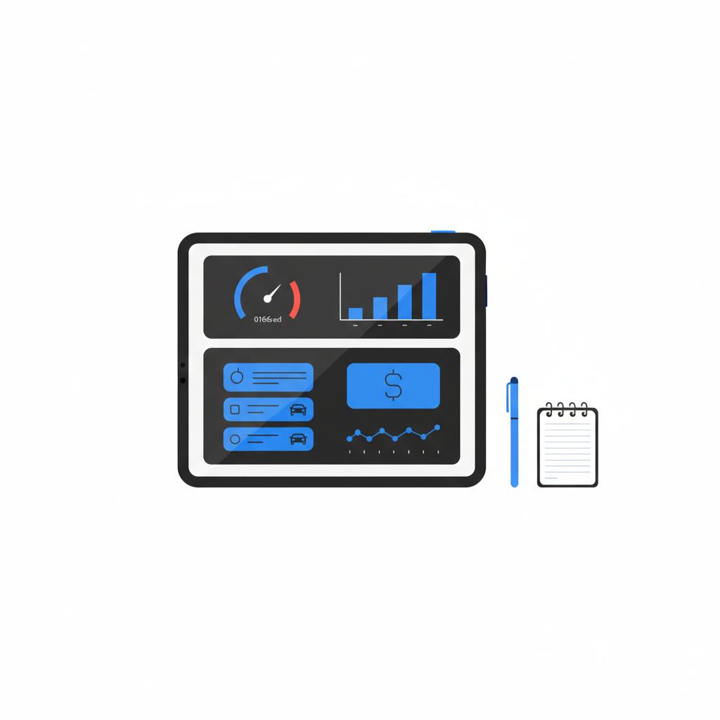 Minimal 2D vector tablet showing side by side valuation dashboards inspired by kelley blue book used cars and edmunds with a pen and notepad on white background