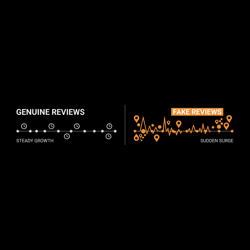 Minimal vector infographic comparing genuine review frequency vs fake reviews bursts with clocks and location pins on a black background using brand colors.