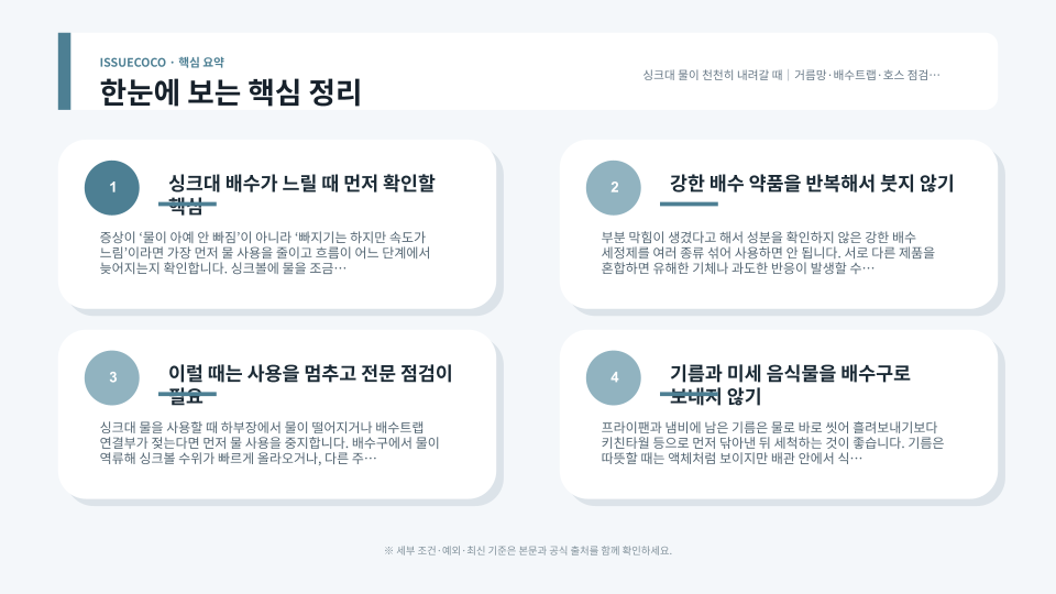 싱크대 거름망과 배수트랩·배수호스를 순서대로 점검하는 구조 설명