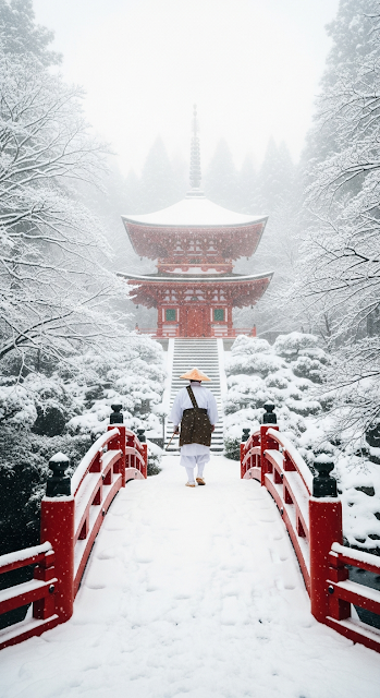 Monastic Figure Crossing a Snow-Covered Red Arched Bridge Towards a Japanese Pagoda - Free mobile Wallpaper
