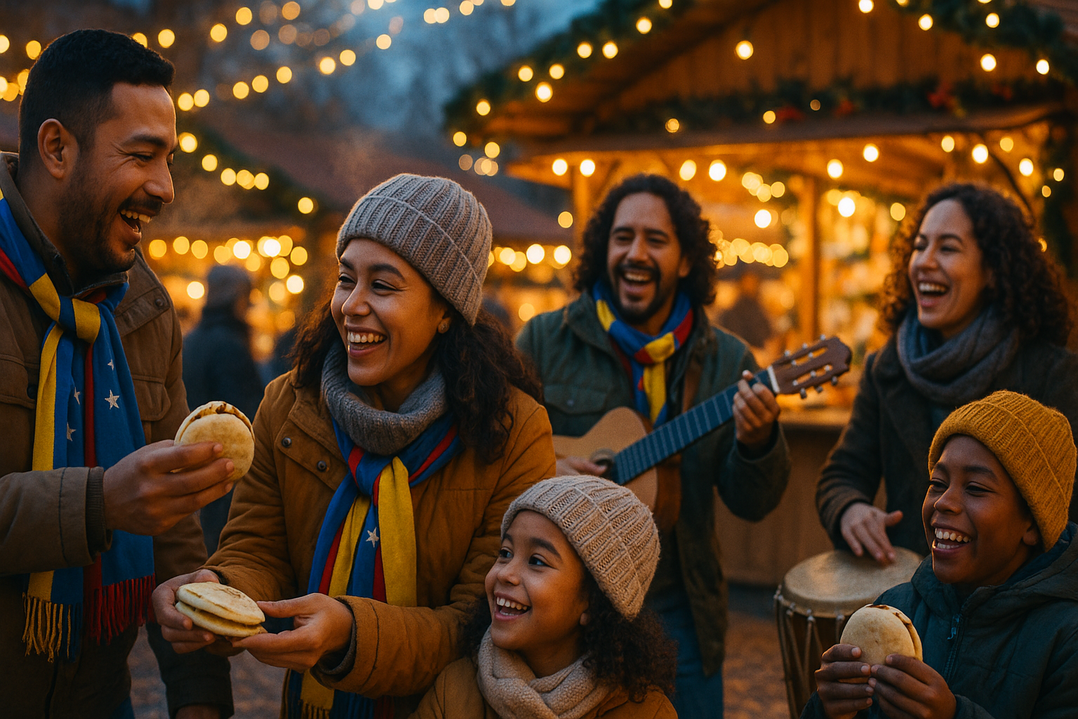 Venezolanos compartiendo arepas y música en un mercado navideño internacional