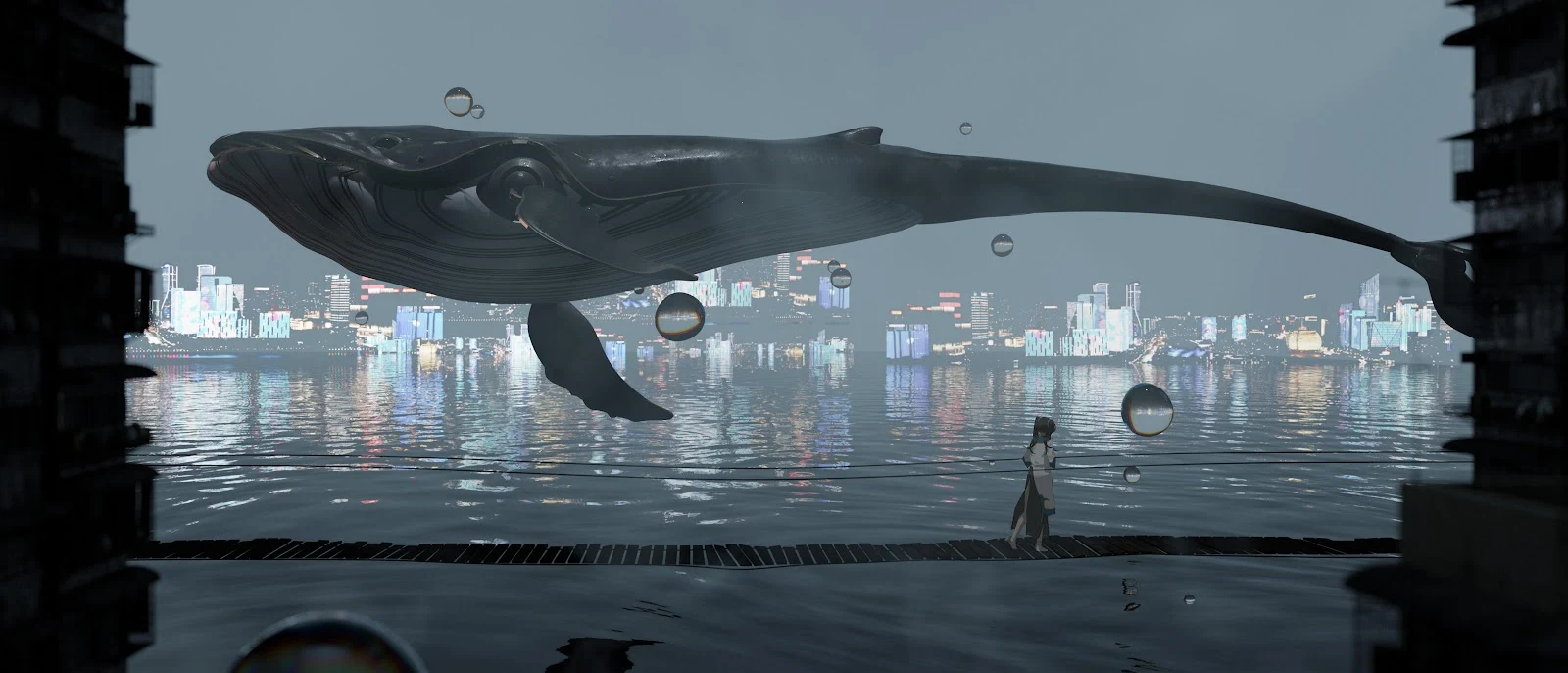 Giant Whale Over Cyberpunk City - Digital Concept Art 5K Wallpaper (7638x3273)