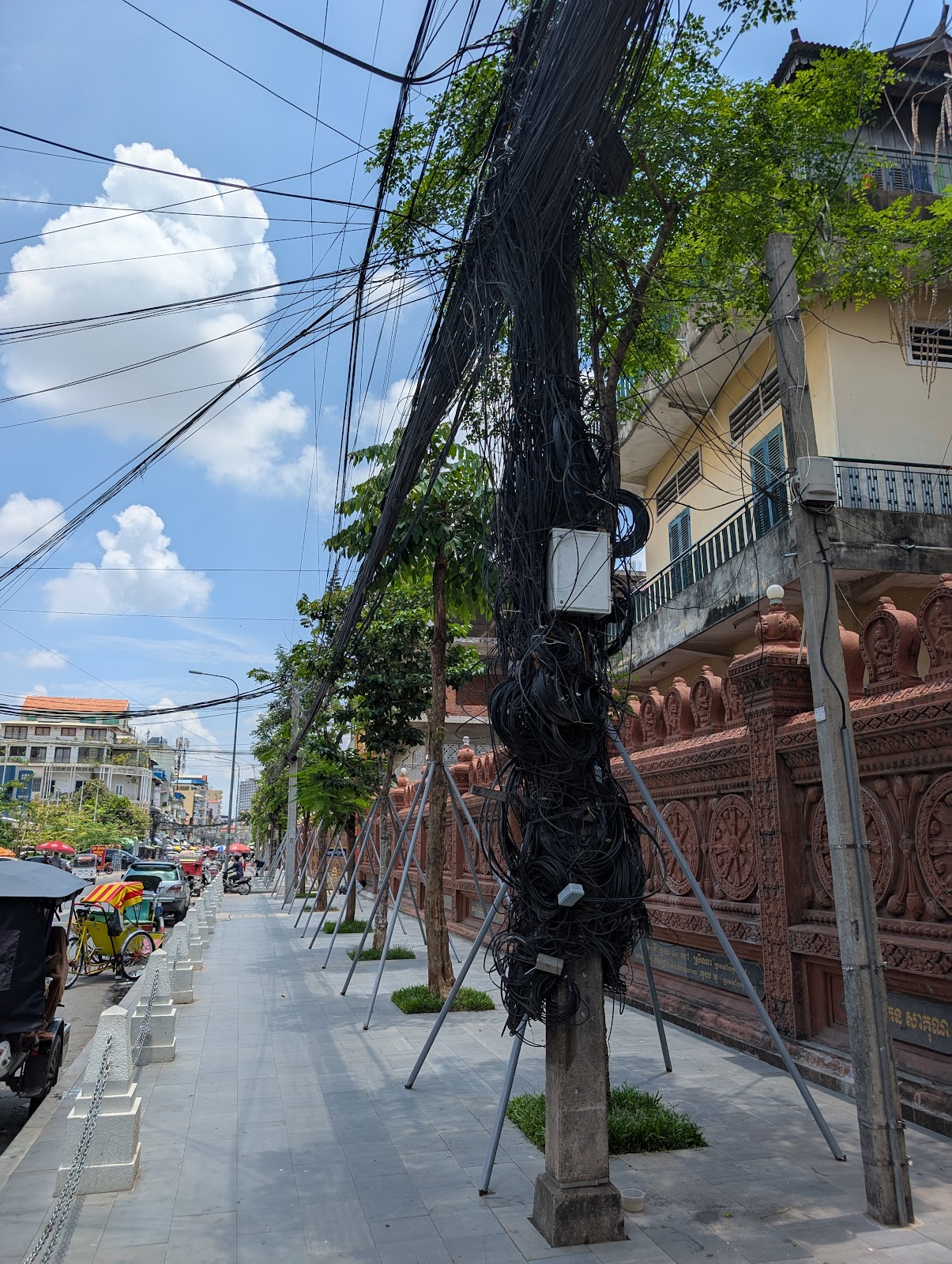 A row of trees on the side of the road with a utility pole
                 in the foreground that has a cluster of cables going all the
                 way up the pole