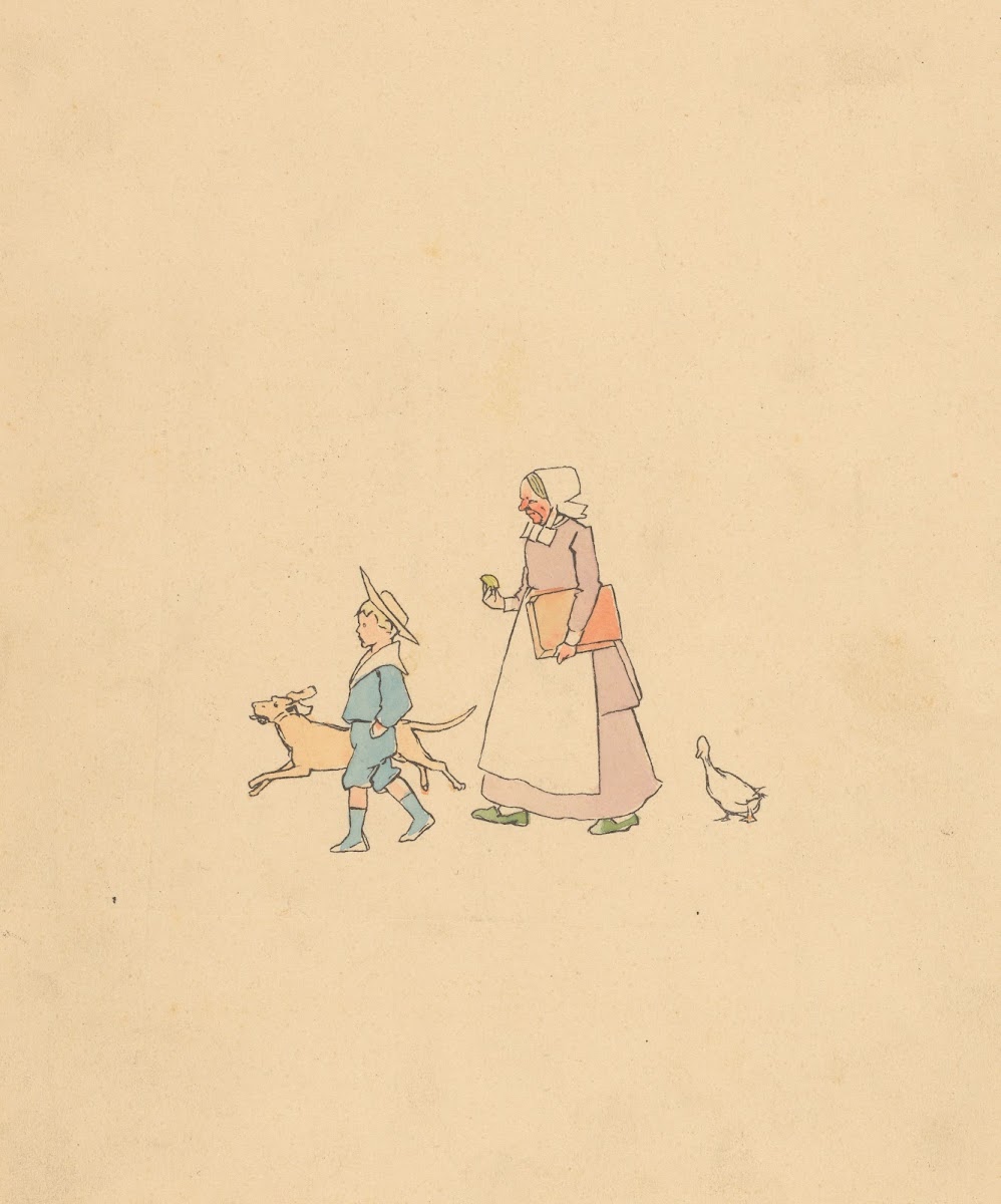 Lopende jongen hond vrouw en gans 1880 1910