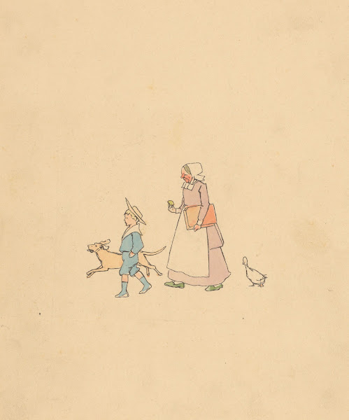 Lopende jongen hond vrouw en gans 1880 1910