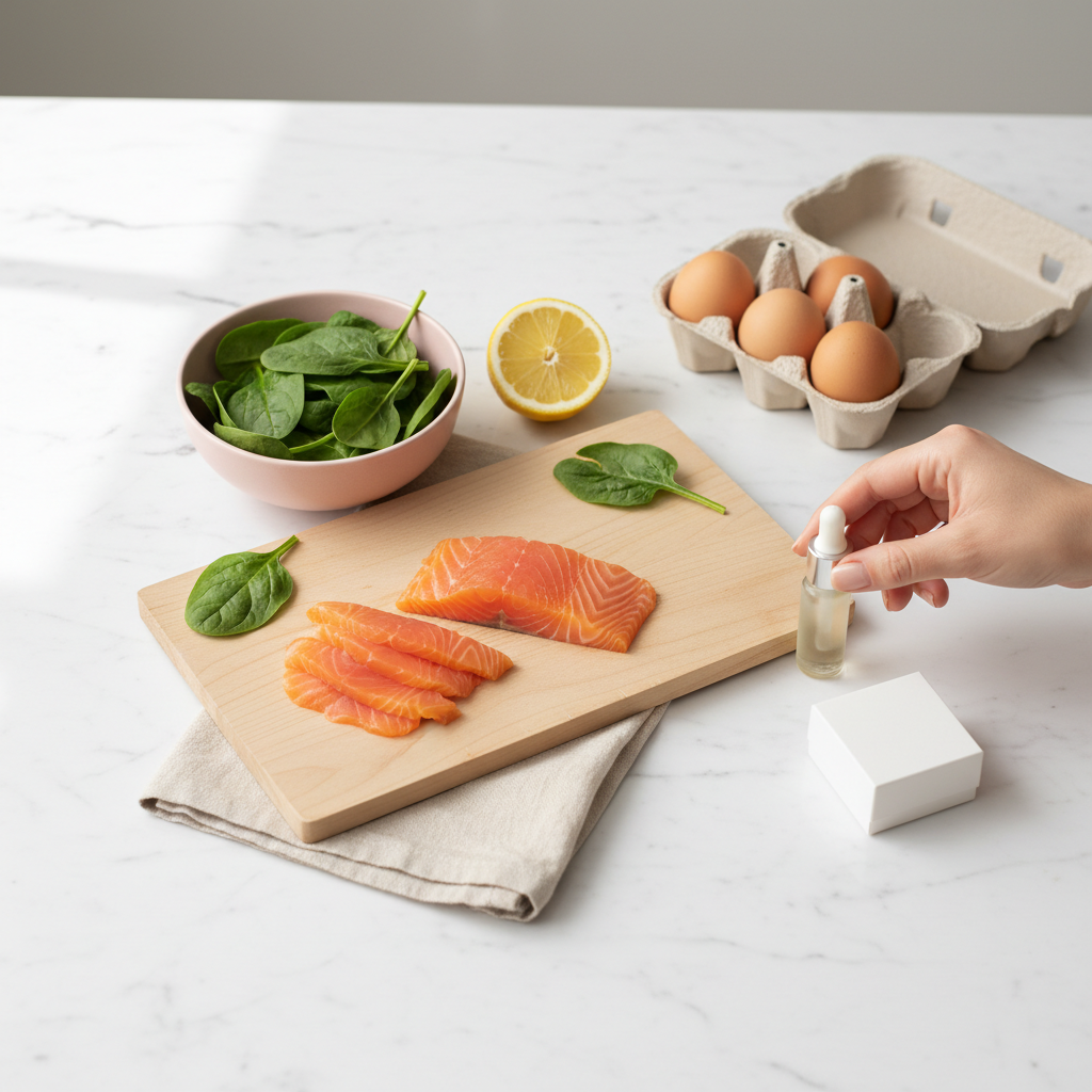 Minimalistisches Küchenstillleben mit Lachs, Spinat, Eiern, Zitrone und unlabeled Nagelpflege-Set – Nährstoffe für Nägel auf weißer Marmorfläche.