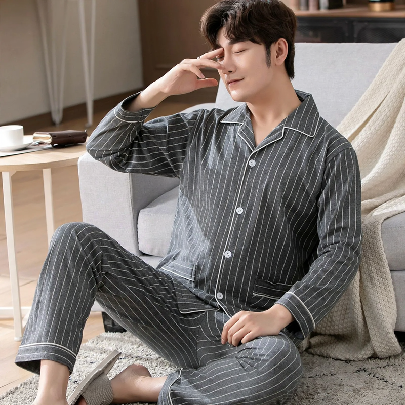 Herren-Pyjama-Set, 100% Baumwolle, Langarm