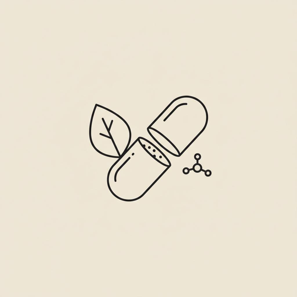 Minimal Tonum-style line illustration of a capsule, a leaf and a simple molecule symbol on beige background (#F2E5D5) representing taurine and wellness.
