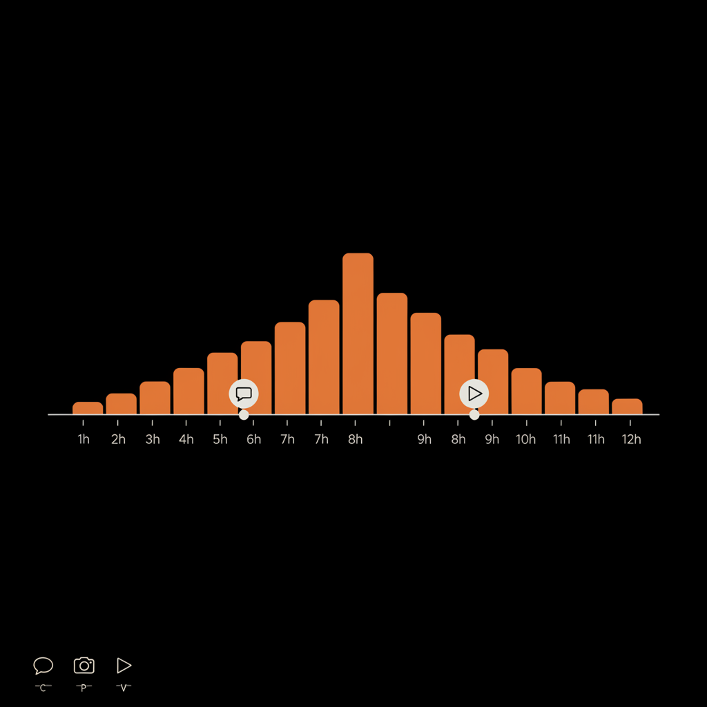 Minimal full-frame infographic of hourly hashtag spike bars on a horizontal timeline with platform dots and icons, using brand colors to find trending hashtags
