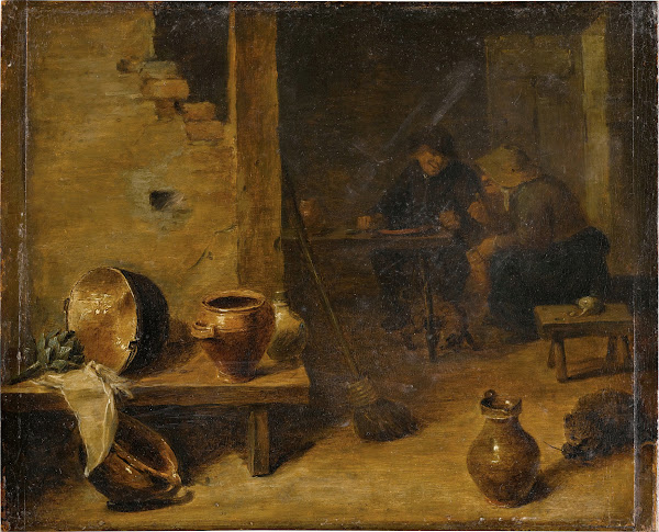 Tavern interior with peasants eating in the background