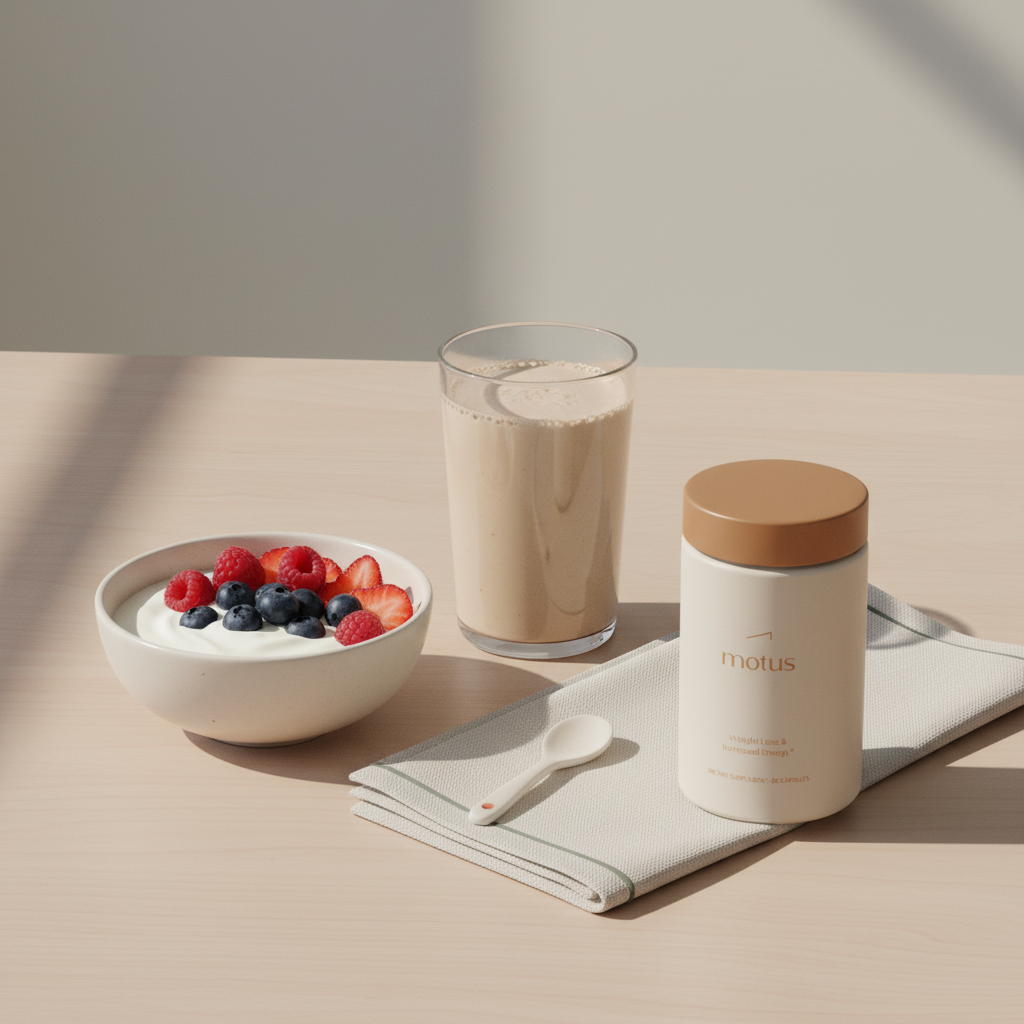 Minimalist breakfast scene with bowl of yogurt and berries, clear glass protein shake and a Tonum jar of daily protein powder placed to the side on a wooden table, warm natural light