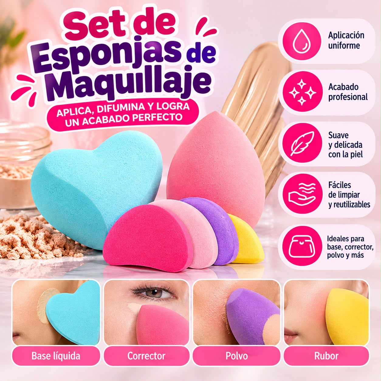 Set de esponjas para maquillaje x6 (2 esponjitas + 4 powder puff)