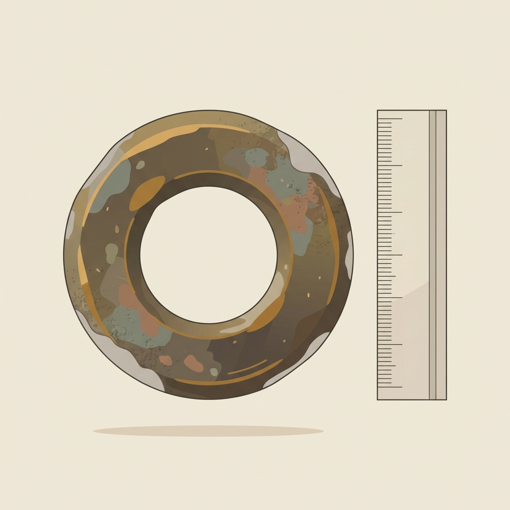 Minimalist 2D vector of ancient celtic ring money beside a metric ruler for scale showing patina and wear on a soft beige background ede7da