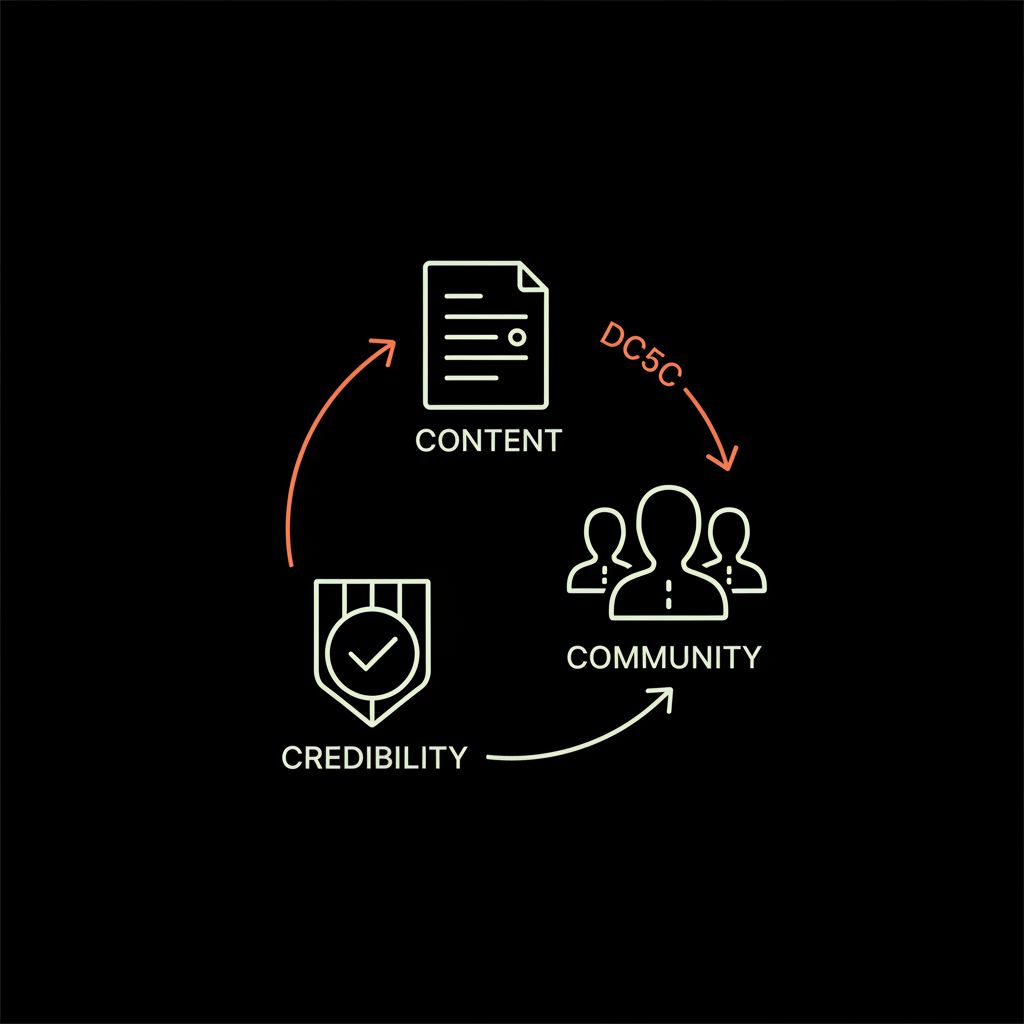 Is Instagram giving blue tick for free? Minimal 2D vector infographic showing a three-icon cycle (content → community → credibility) in Social Success Hub brand colors on a black background.