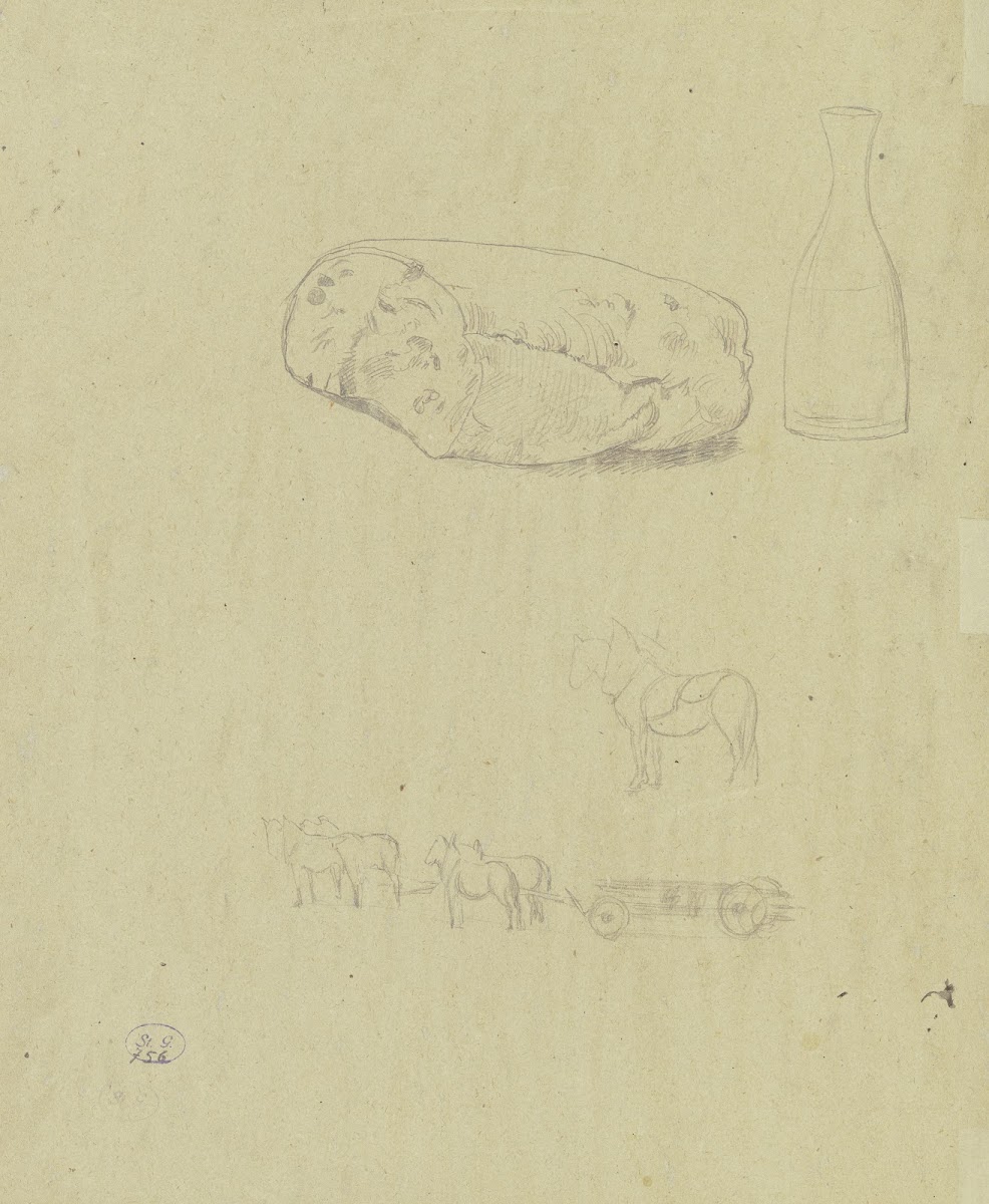 Studienblatt Brot Flasche und eine bespannte Pferdekutsche ca 1920
