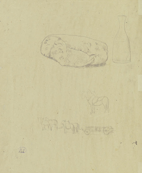 Studienblatt Brot Flasche und eine bespannte Pferdekutsche ca 1920