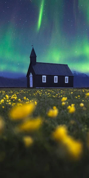 Iceland, Northern Lights, Church, Landscape 4K Wallpaper Background