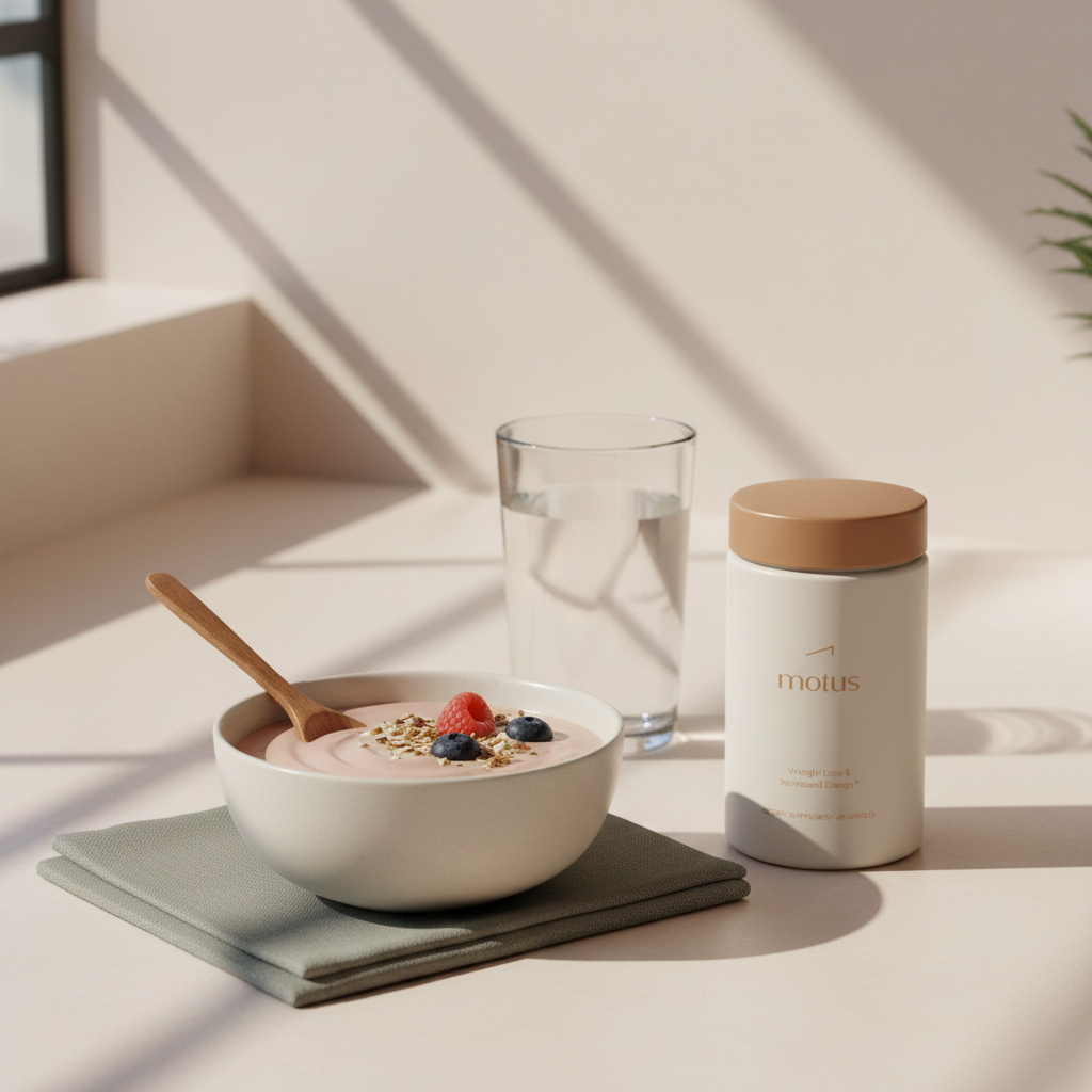 Minimalist kitchen counter with Tonum Motus jar beside a morning smoothie bowl in natural light, calm lifestyle scene for collagen for weight loss