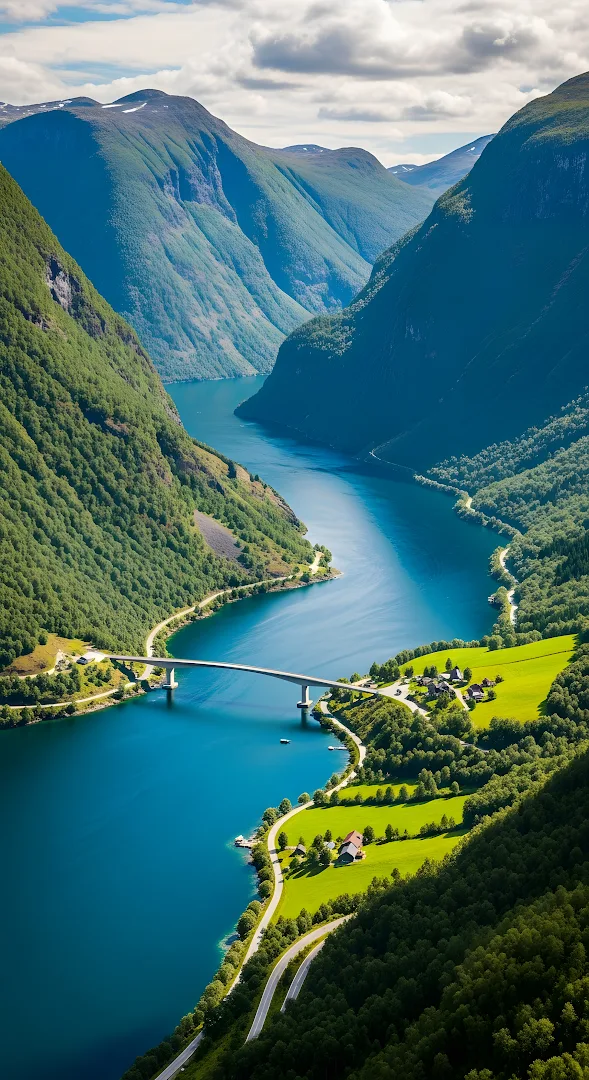 Stunning Norwegian Fjord Valley Bridge Aerial View