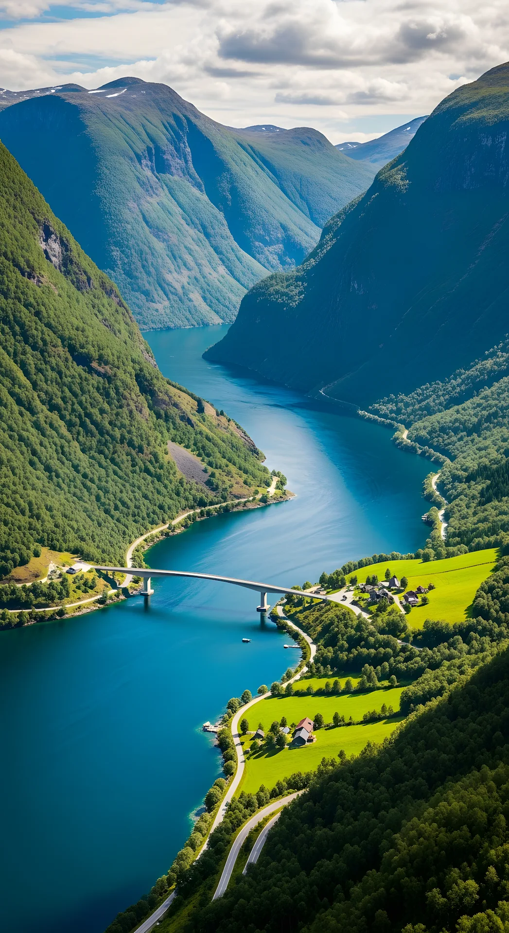 Stunning Norwegian Fjord Valley Bridge Aerial View - Free 4K mobile Wallpaper