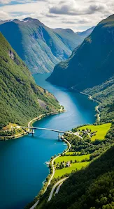 Stunning Norwegian Fjord Valley Bridge Aerial View