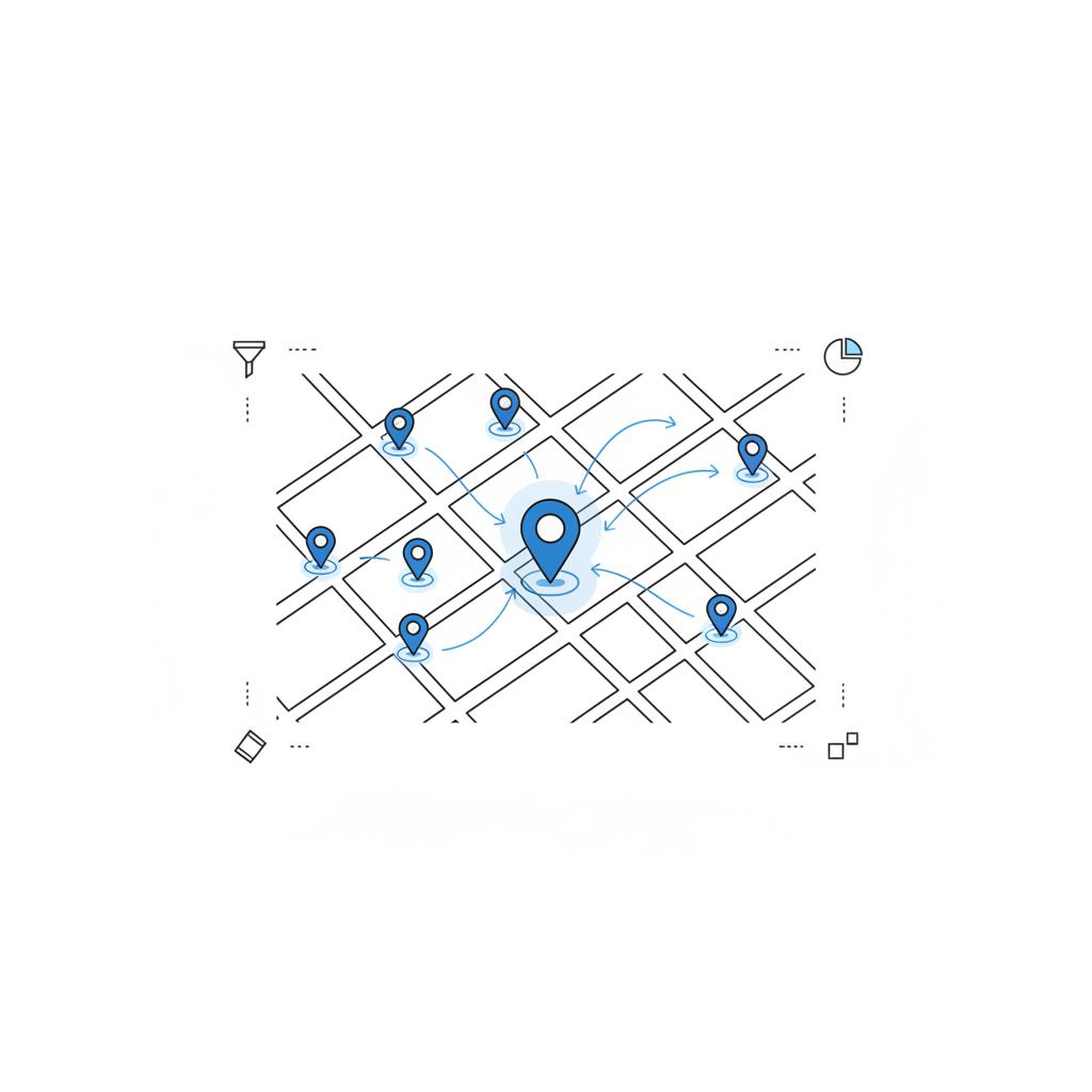 Minimal 2D vector neighborhood map sketch with clustered pins and a highlighted local area with subtle arrows indicating searcher movement for Google Business Profile.
