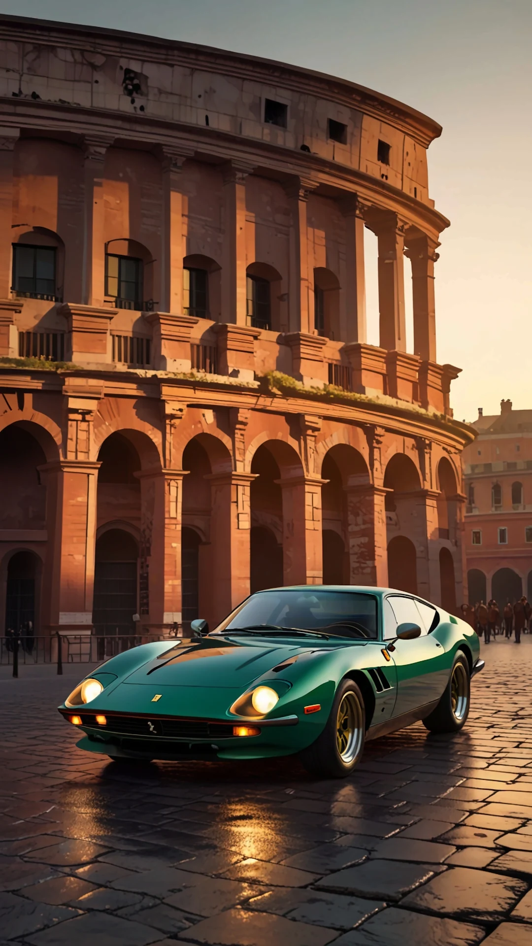 Classic Green Ferrari at Colosseum in Golden Light - Free 4K mobile Wallpaper