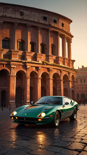 Classic Green Ferrari at Colosseum in Golden Light - Free mobile Wallpaper