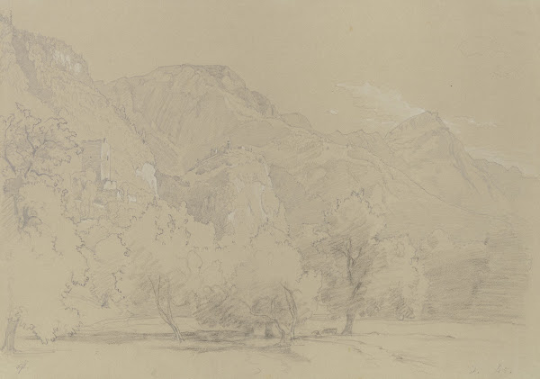 Gebirgszug mit Burgruine und Besiedlung