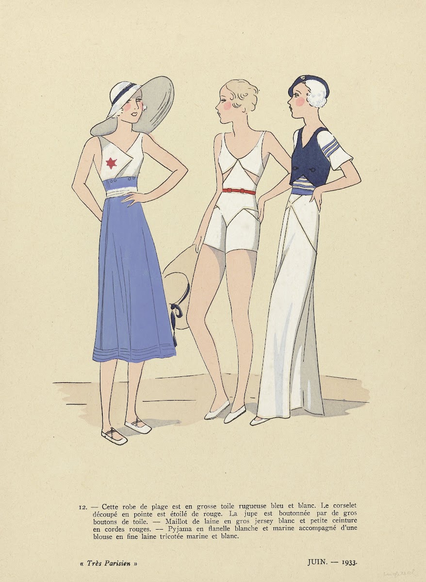Cette Robe De Plage Est En Grosse Toile Rugueuse Bleu Et Blanc 1933
