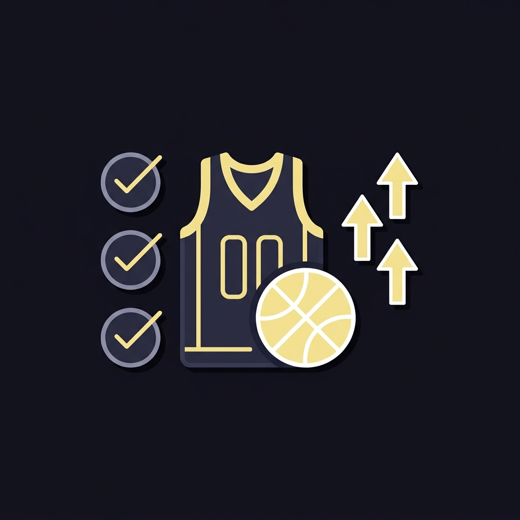 Minimal vector showing jersey icon with three upward arrows for usage and minutes and three checklist icons for role efficiency on Funded Plays background nba mip odds