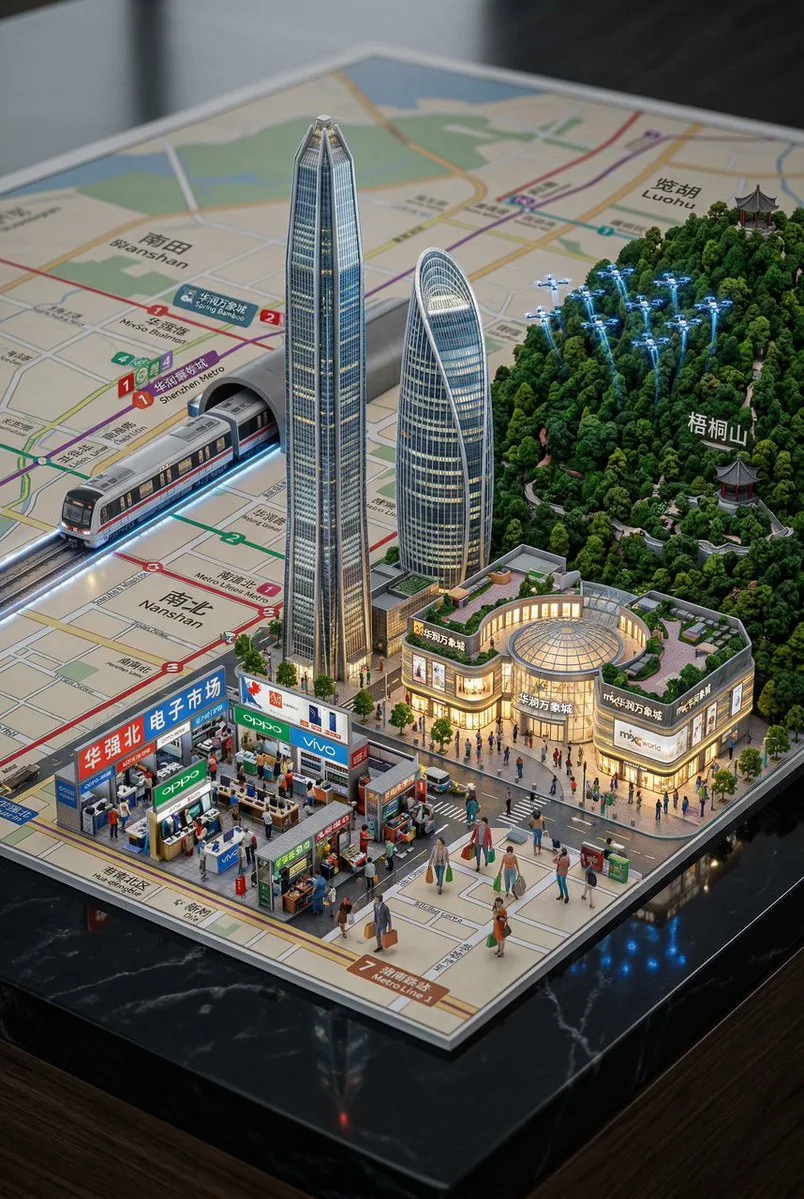 Mapa en miniatura 3D de la ciudad de Shenzhen con drones