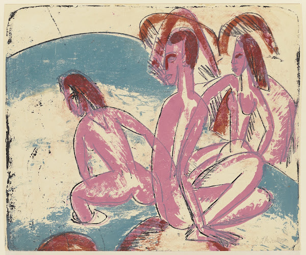 Drei Badende an Steinen Fehmarn 1913
