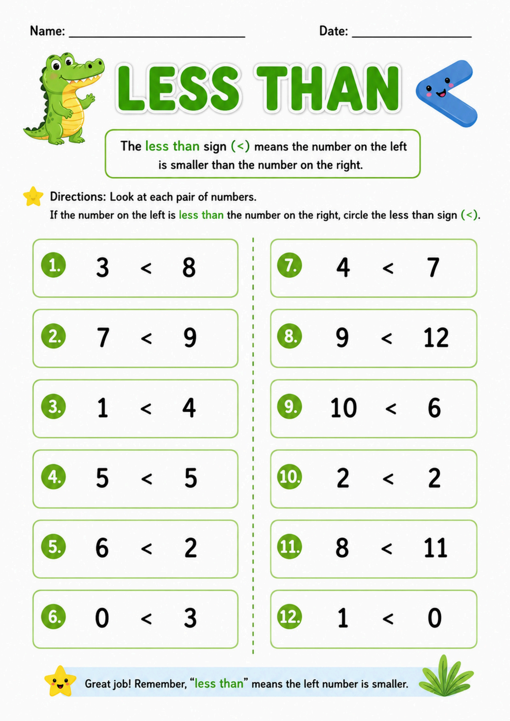 Less Than Worksheet