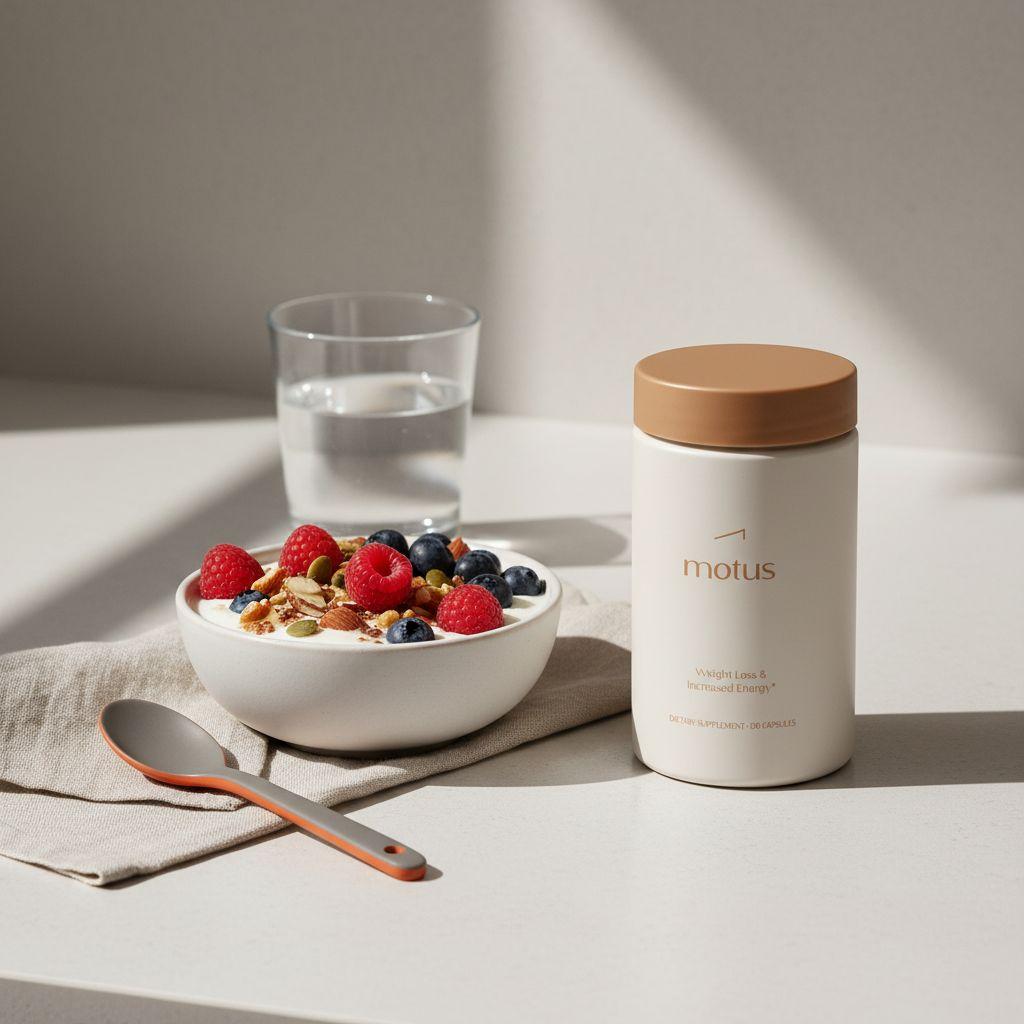 Motus supplement jar on a minimalist kitchen counter with Greek yogurt, berries and a glass of water, Tonum-style still life to increase metabolic rate fast